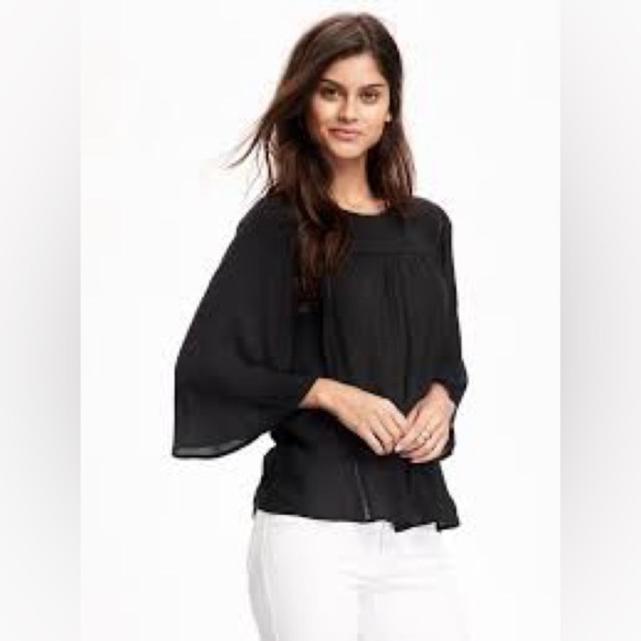 Old Navy Black Boho Blouse - Size M, 3/4 Bell Sleeves, Flowy Peasant Top - Picture 1 of 14
